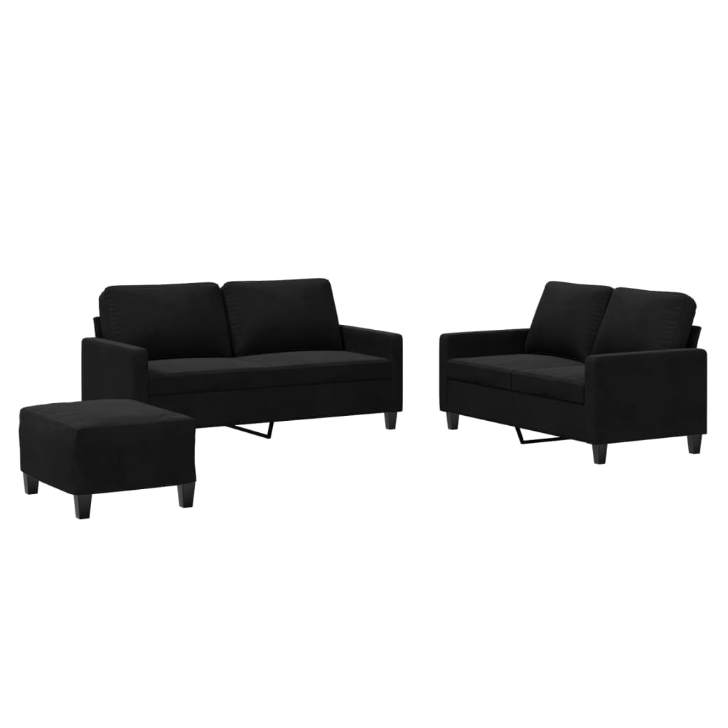sofasæt 3 dele med hynder velour sort