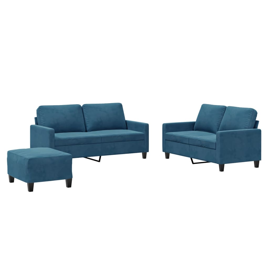 sofasæt 3 dele med hynder velour blå
