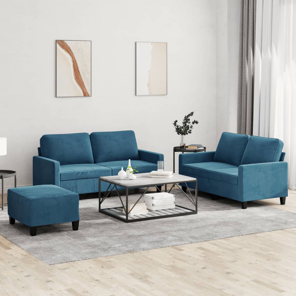 sofasæt 3 dele med hynder velour blå