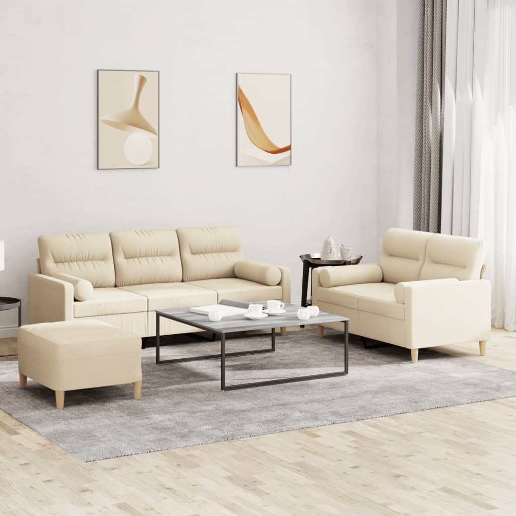 sofasæt 3 dele med puder stof cremefarvet