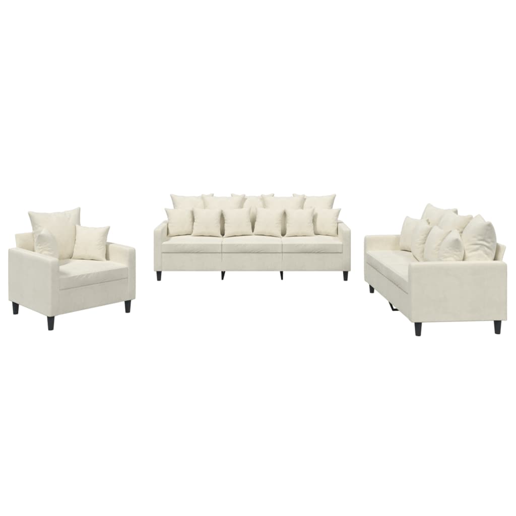 sofasæt 3 dele med hynder velour cremefarvet