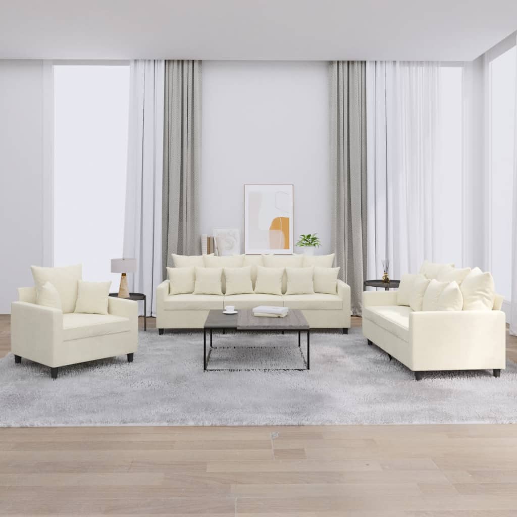 sofasæt 3 dele med hynder velour cremefarvet
