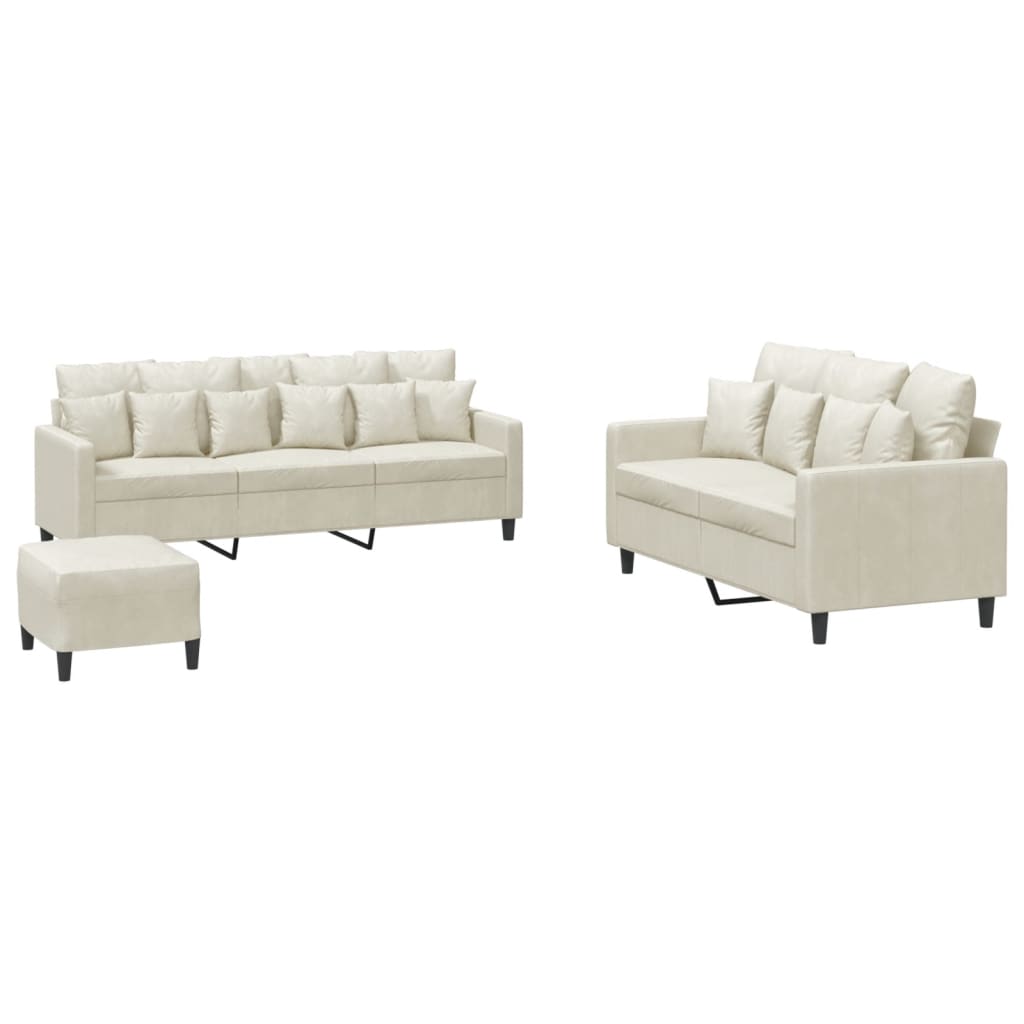 sofasæt 3 dele med hynder velour cremefarvet