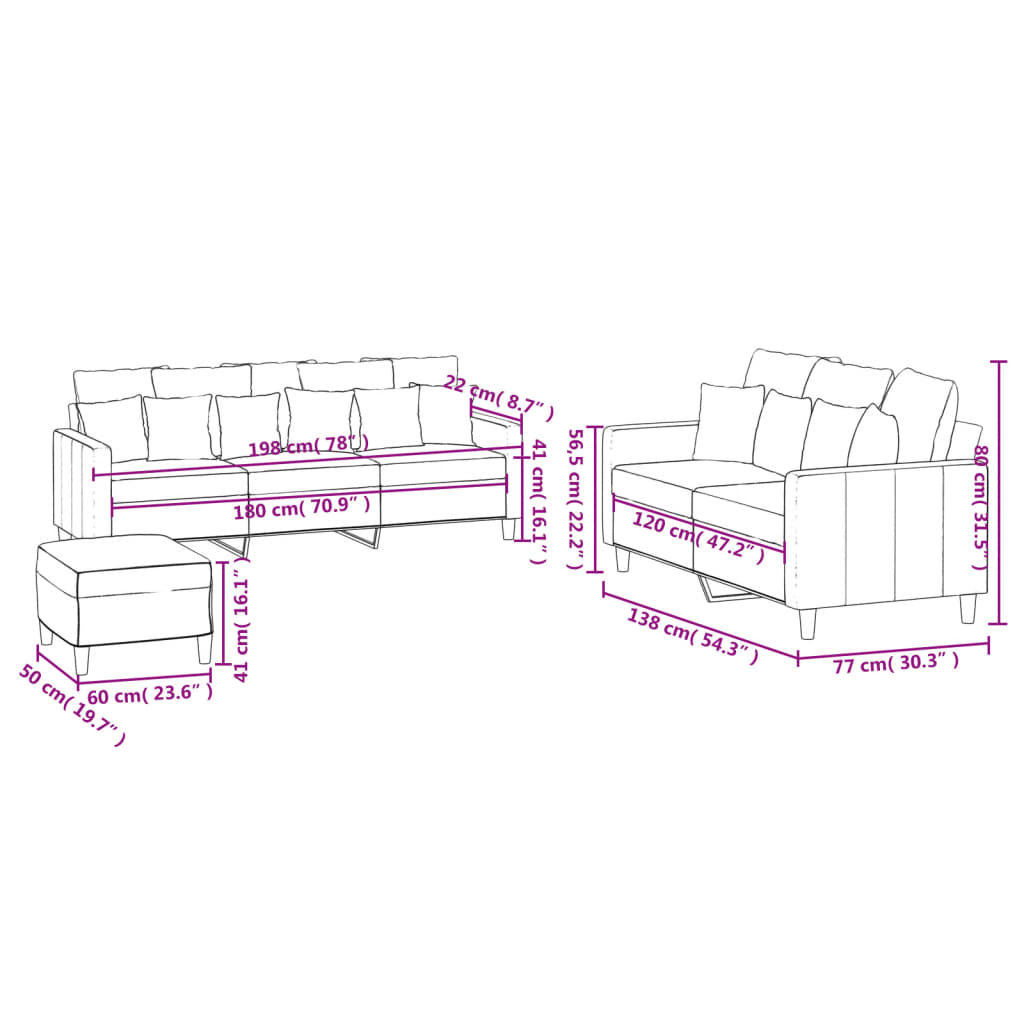 sofasæt 3 dele med hynder velour cremefarvet