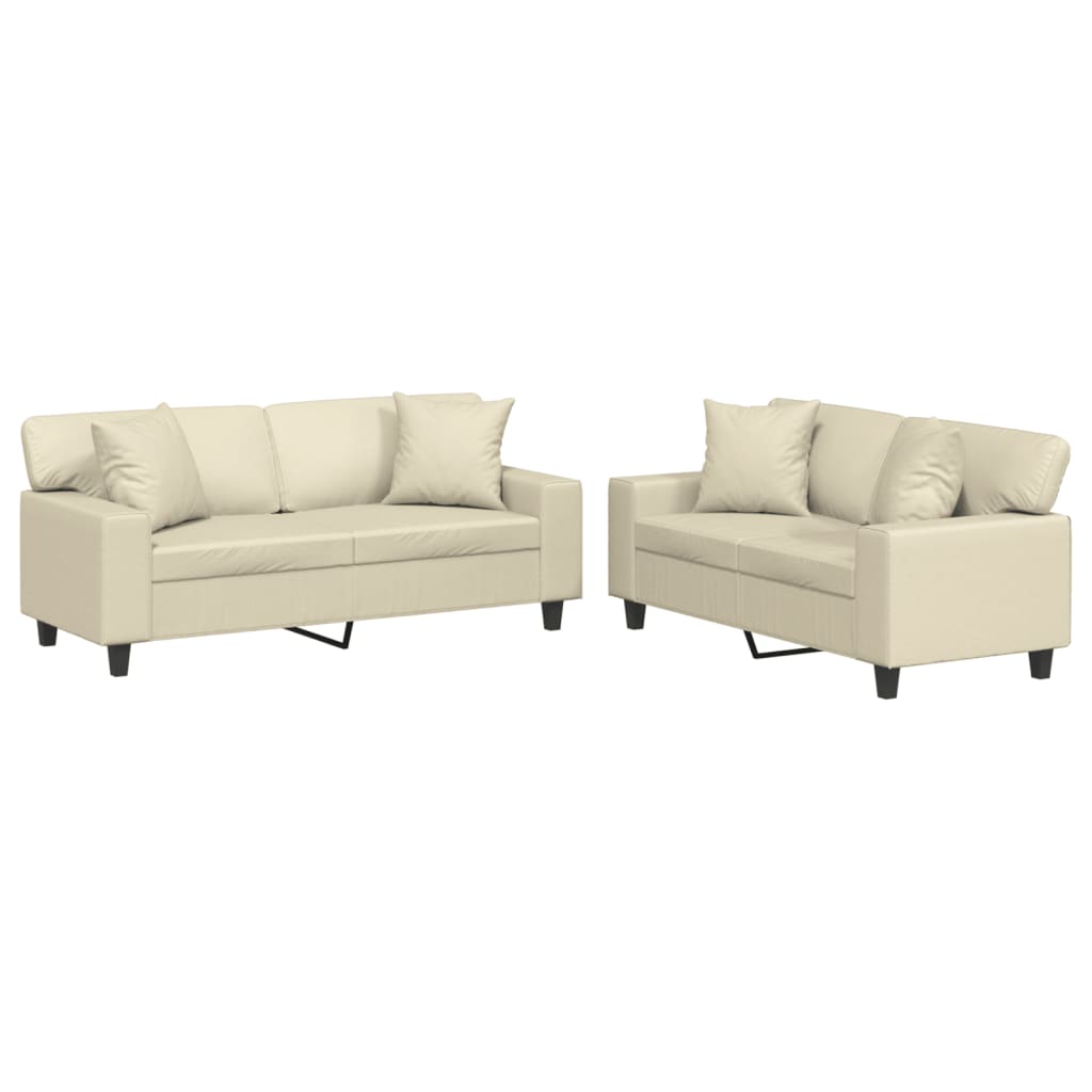 sofasæt 2 dele med puder kunstlæder cremefarvet