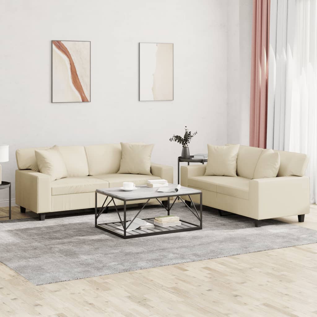 sofasæt 2 dele med puder kunstlæder cremefarvet