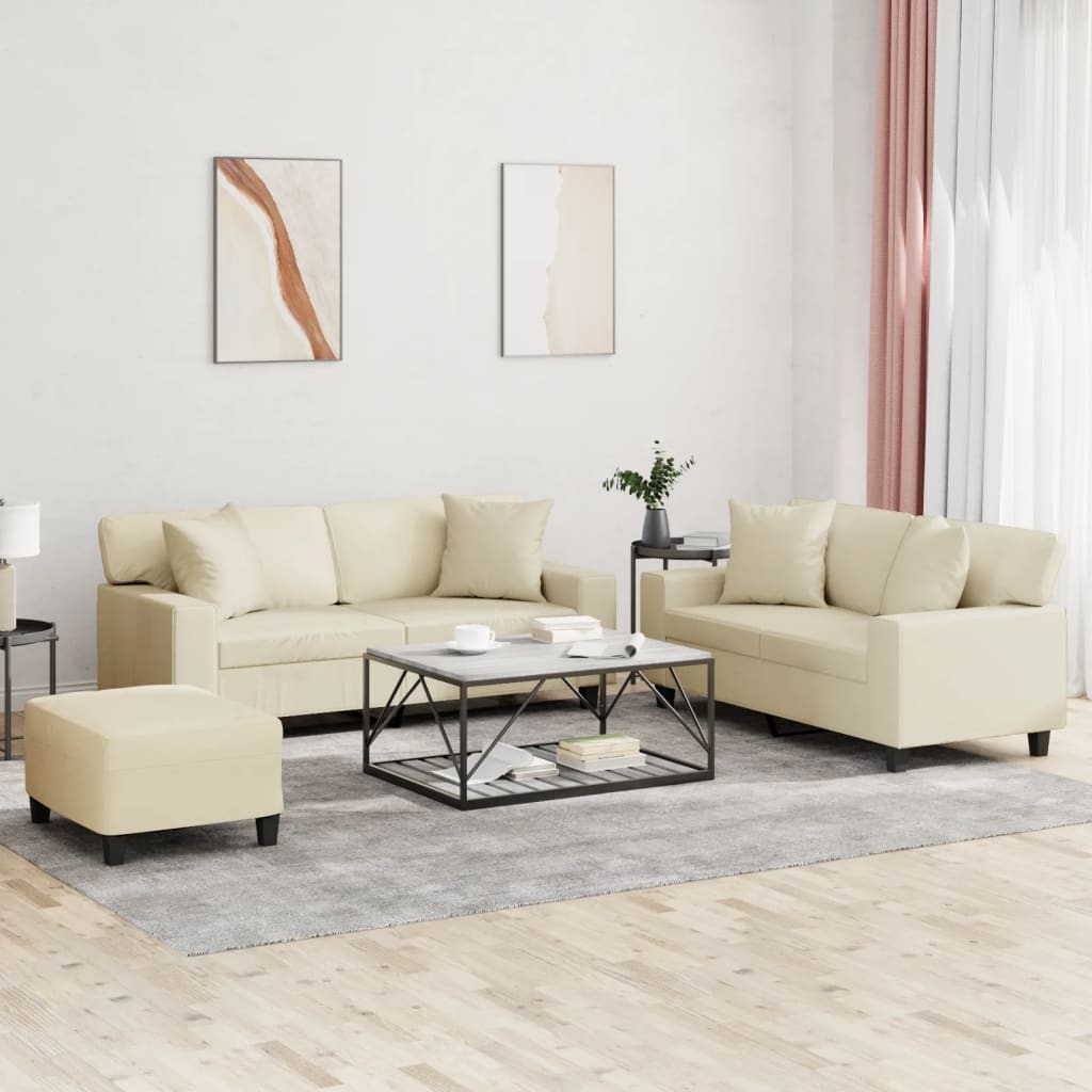 sofasæt 3 dele med puder kunstlæder cremefarvet