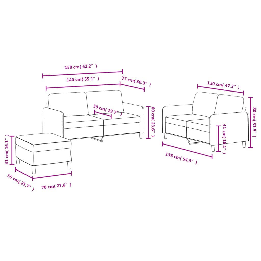 sofasæt 3 dele velour sort