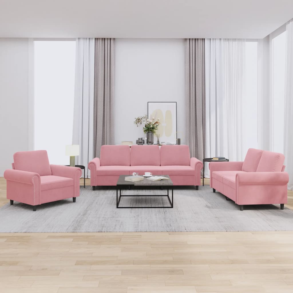 sofasæt 3 dele med hynder velour lyserød