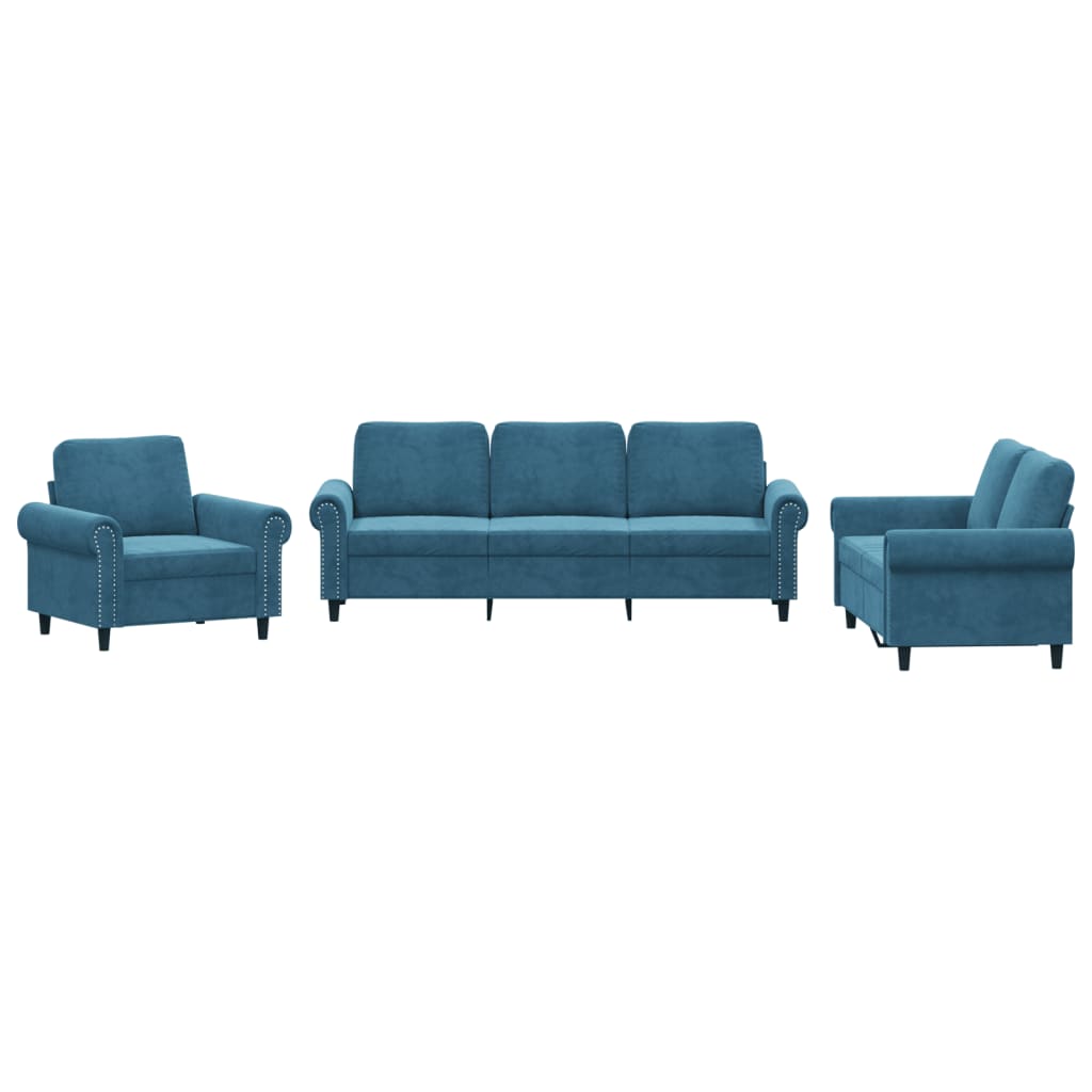 sofasæt 3 dele med hynder velour blå