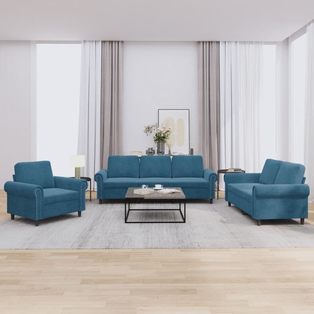sofasæt 3 dele med hynder velour blå