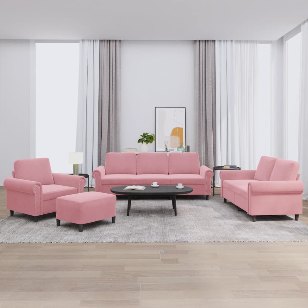 sofasæt 4 dele med hynder velour lyserød