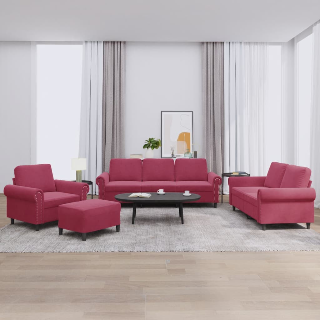 sofasæt 4 dele med hynder velour vinrød