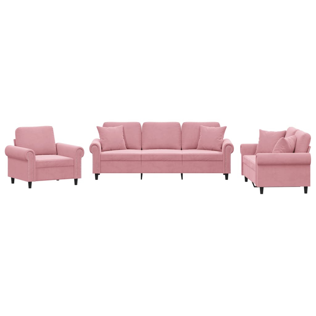 sofasæt 3 dele med puder velour lyserød