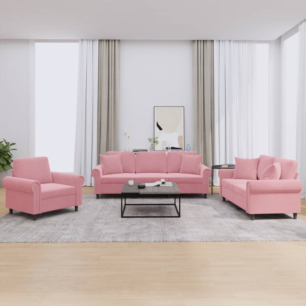sofasæt 3 dele med puder velour lyserød