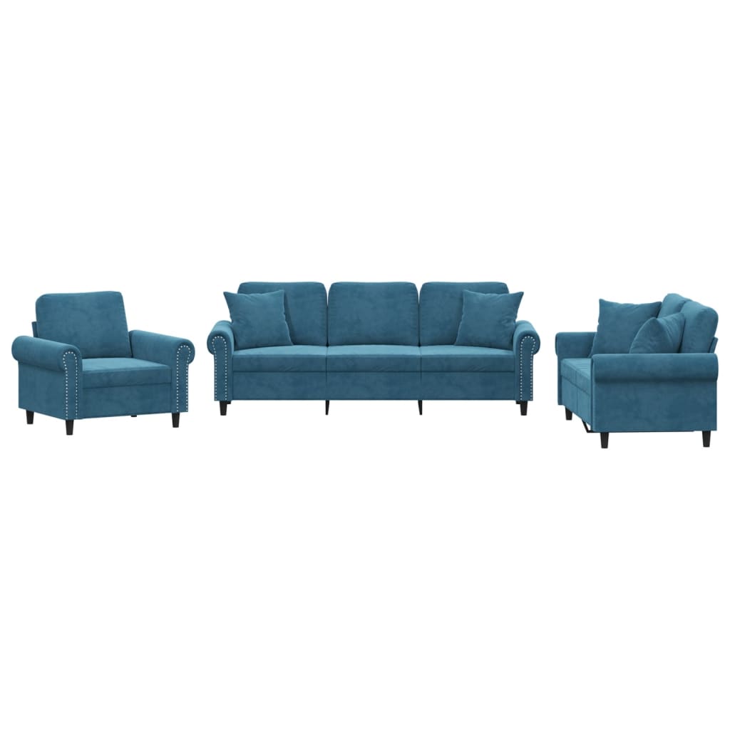 sofasæt 3 dele med puder velour blå