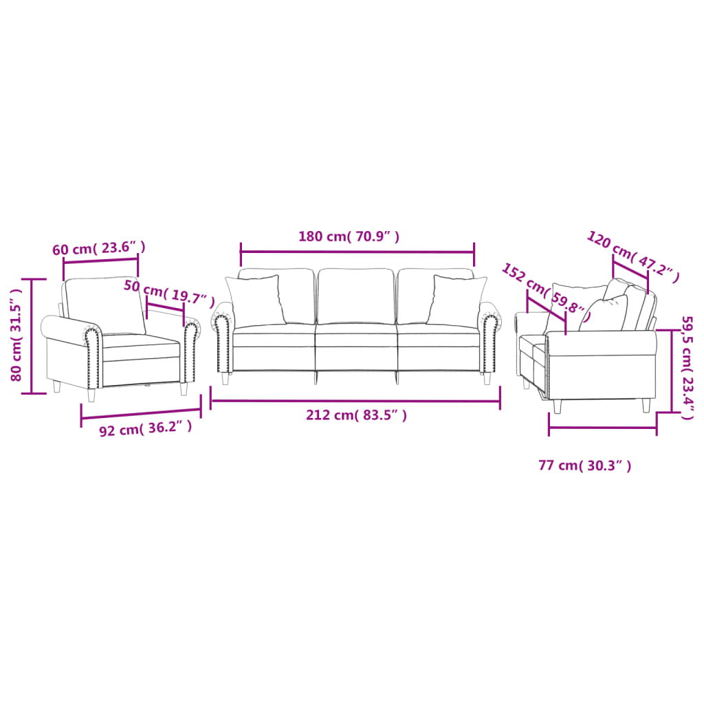 sofasæt 3 dele med puder velour blå