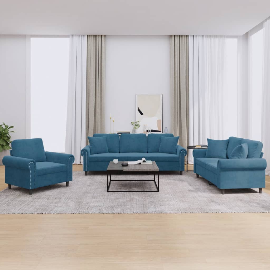 sofasæt 3 dele med puder velour blå