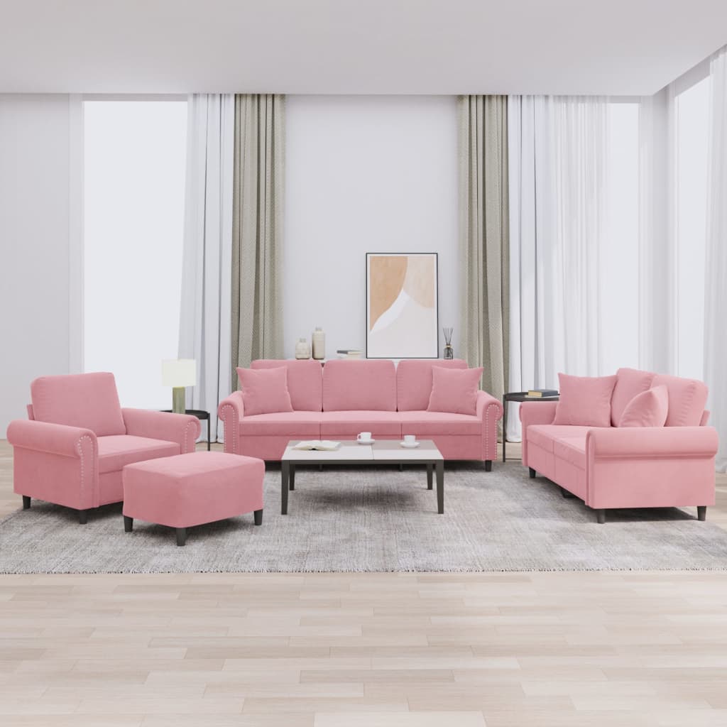 sofasæt 4 dele med puder velour lyserød