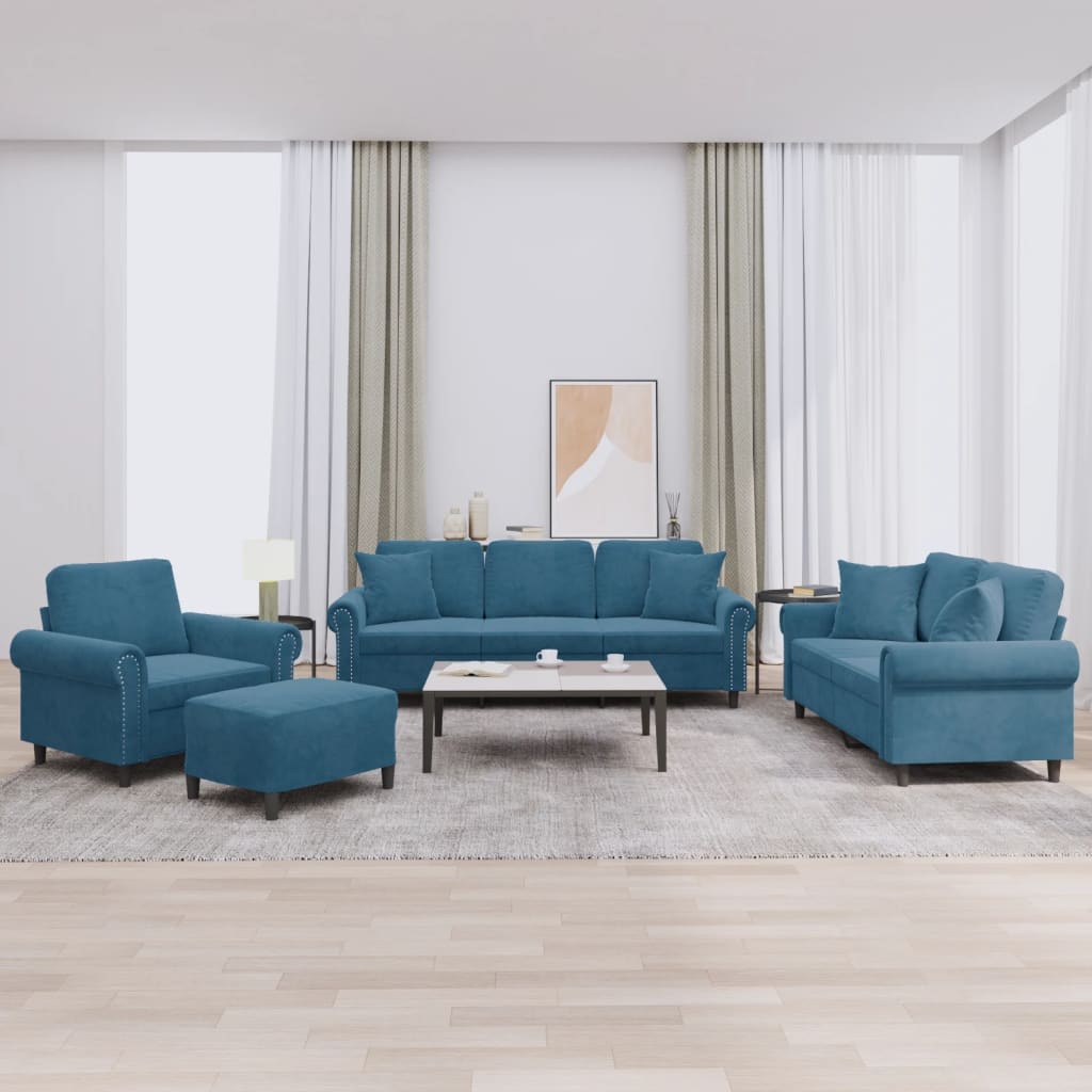sofasæt 4 dele med puder velour blå