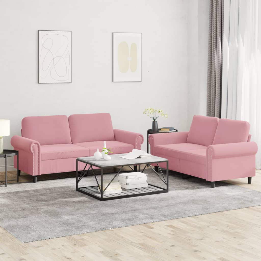 sofasæt 2 dele med hynder velour lyserød