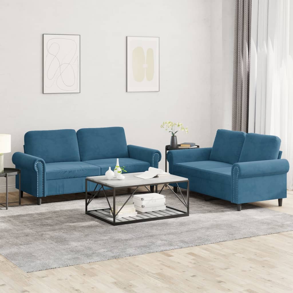sofasæt 2 dele med hynder velour blå