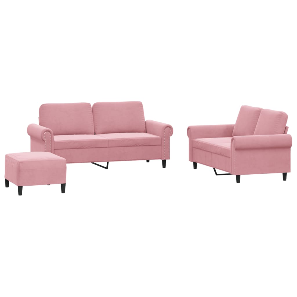 sofasæt 3 dele med hynder velour lyserød