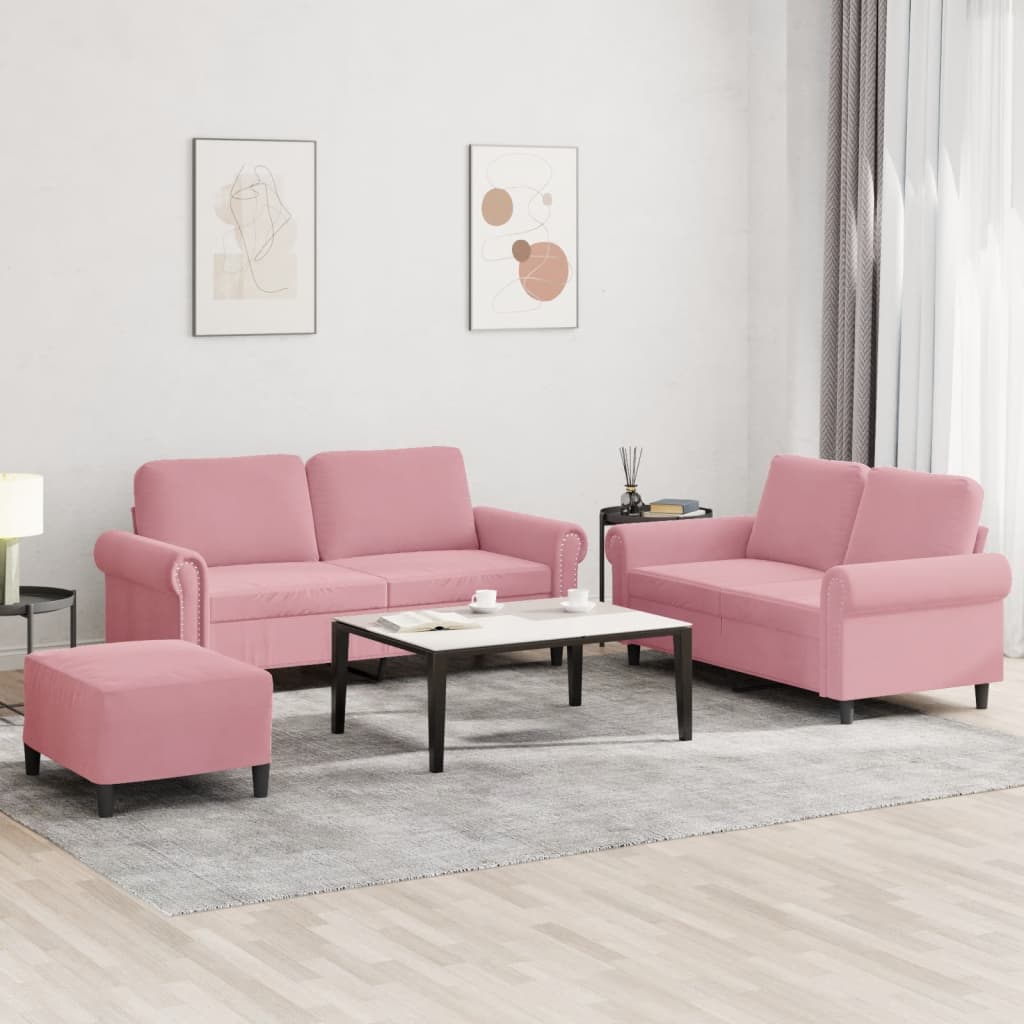 sofasæt 3 dele med hynder velour lyserød