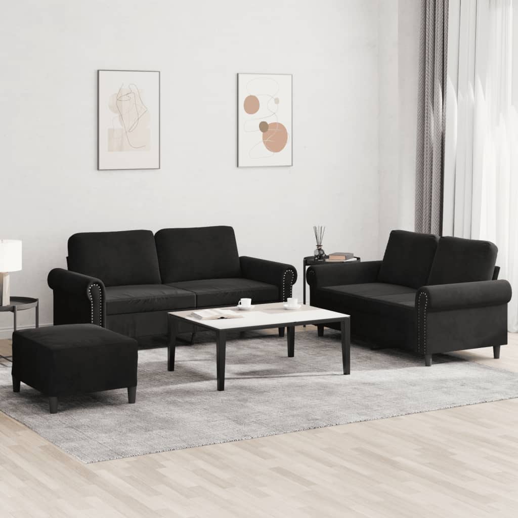 sofasæt 3 dele med hynder velour sort