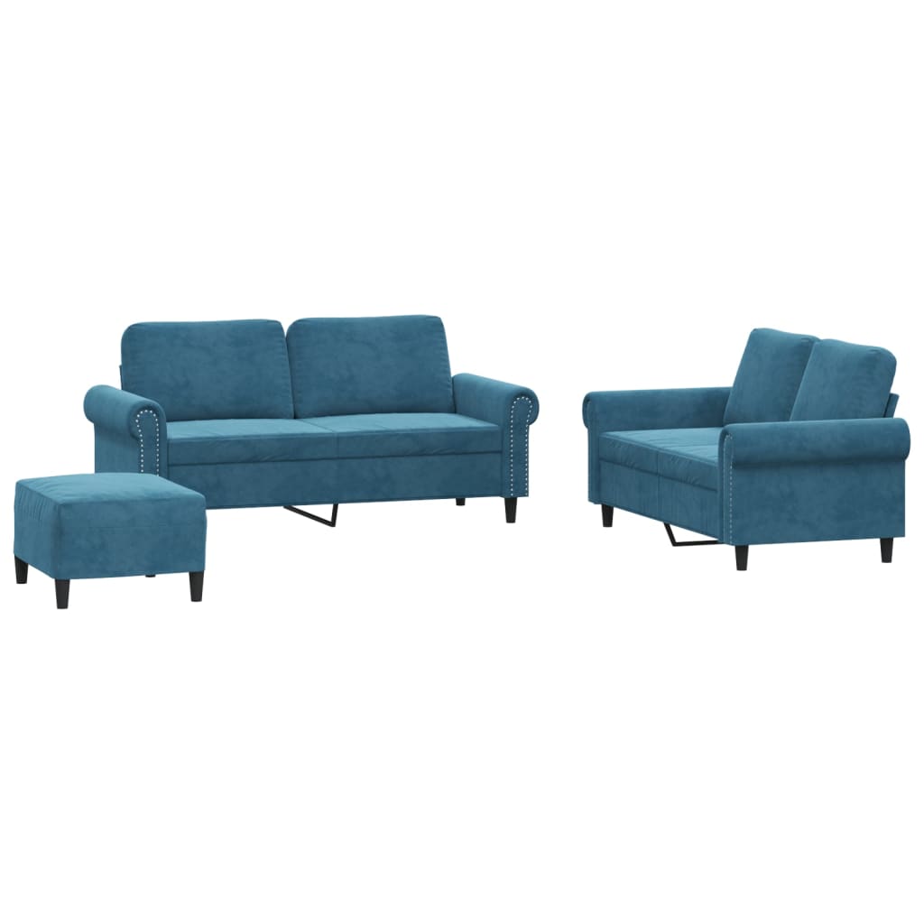 sofasæt 3 dele med hynder velour blå