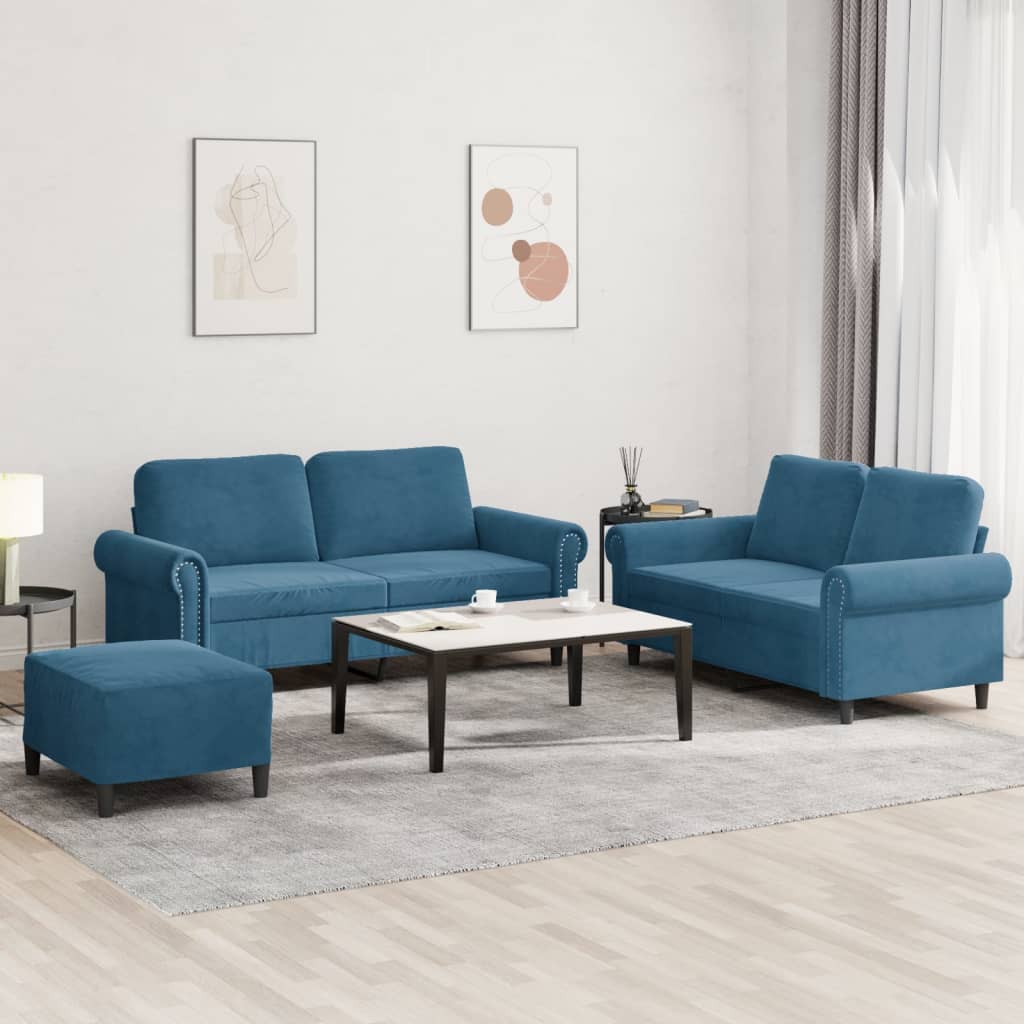 sofasæt 3 dele med hynder velour blå