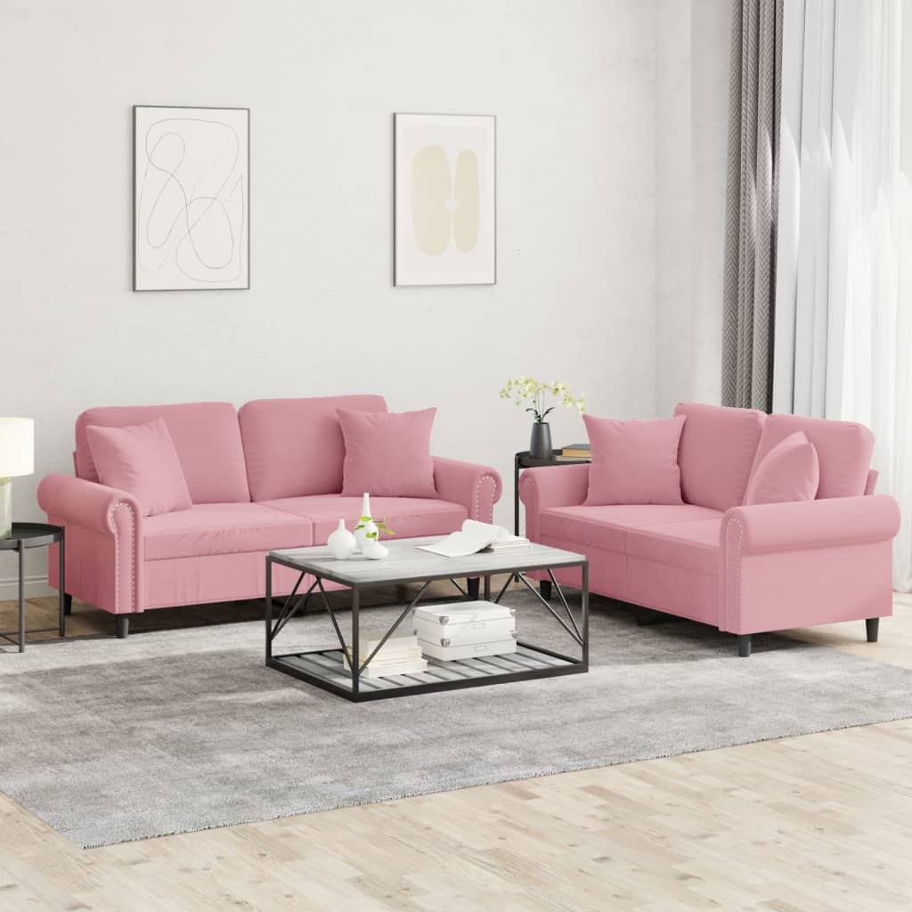 sofasæt 2 dele med puder velour lyserød