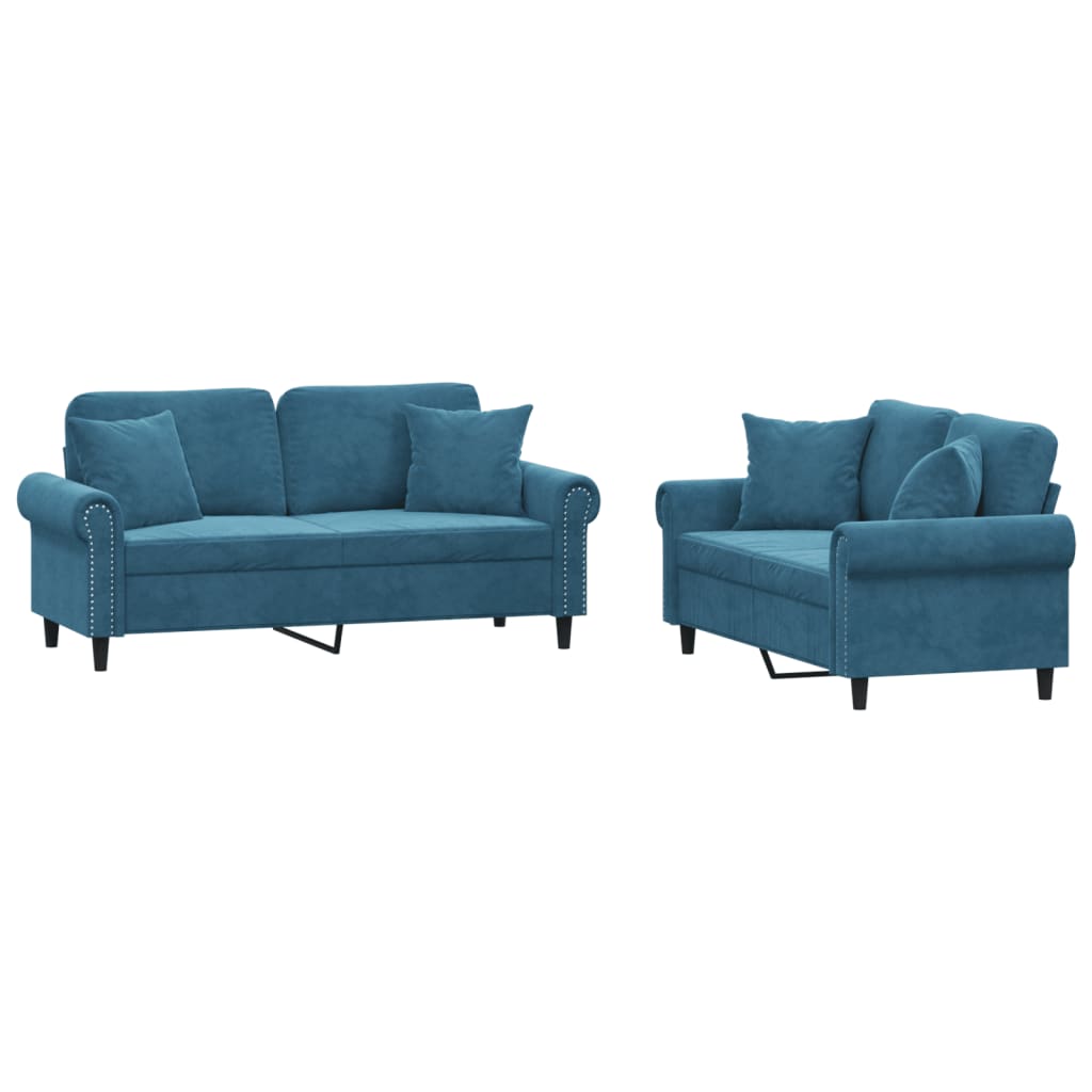 sofasæt 2 dele med puder velour blå