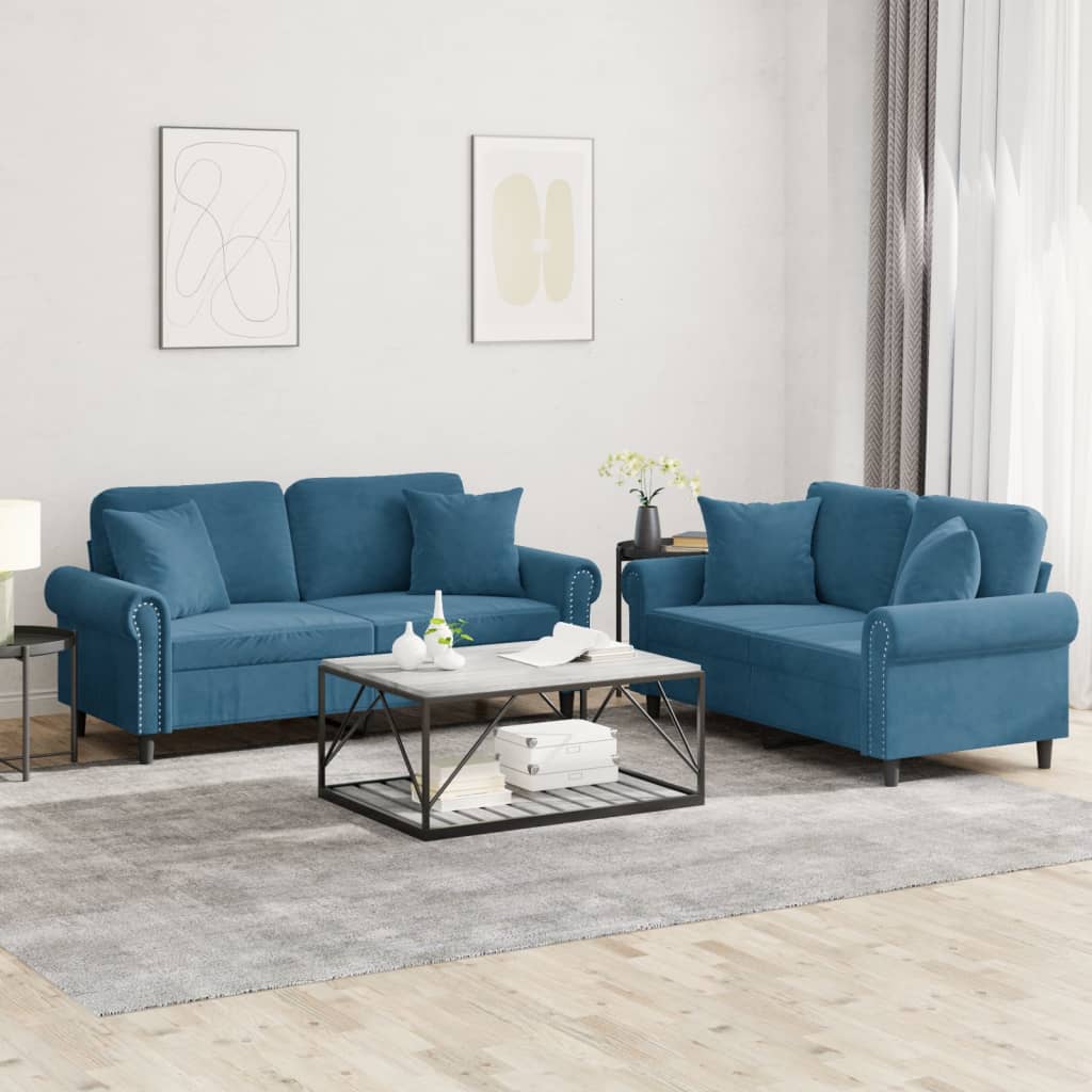 sofasæt 2 dele med puder velour blå