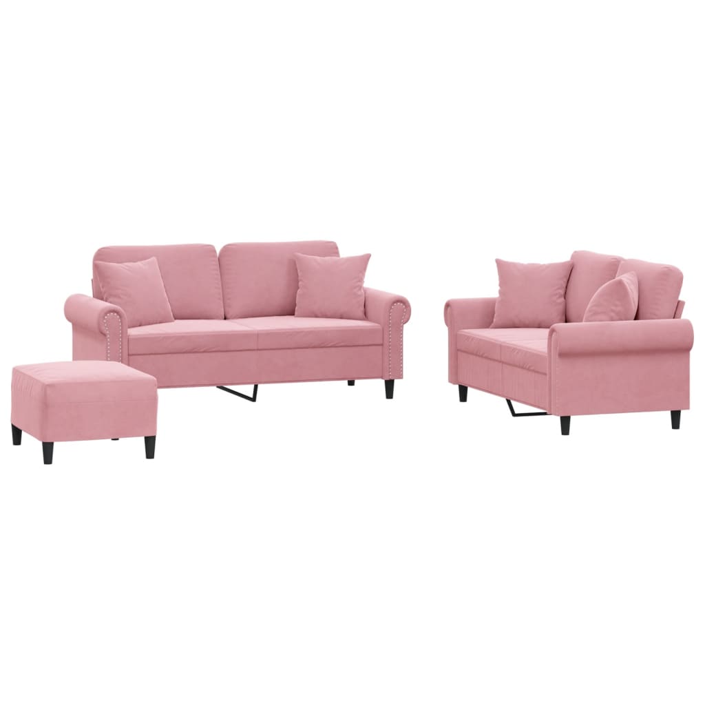 sofasæt 3 dele med puder velour lyserød