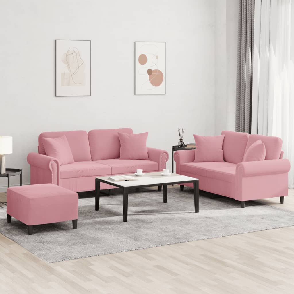 sofasæt 3 dele med puder velour lyserød