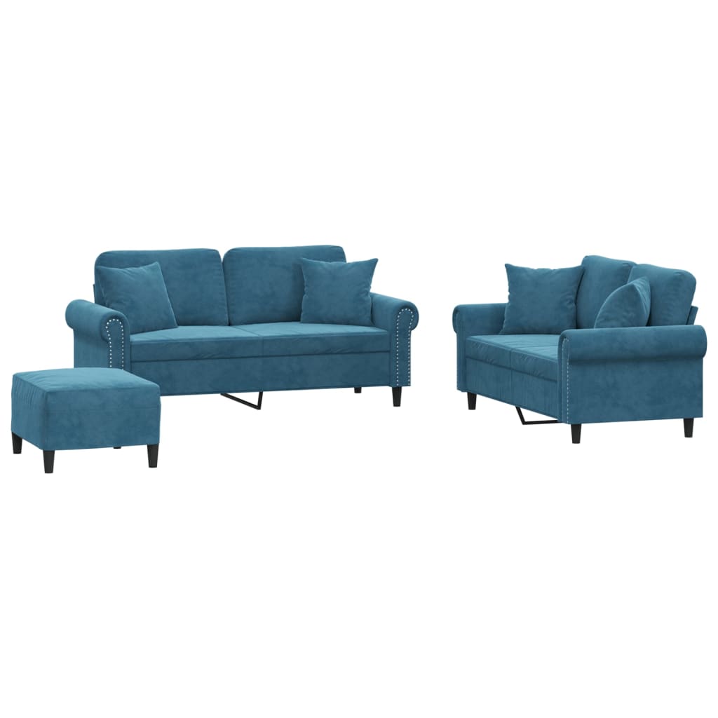 sofasæt 3 dele med puder velour blå