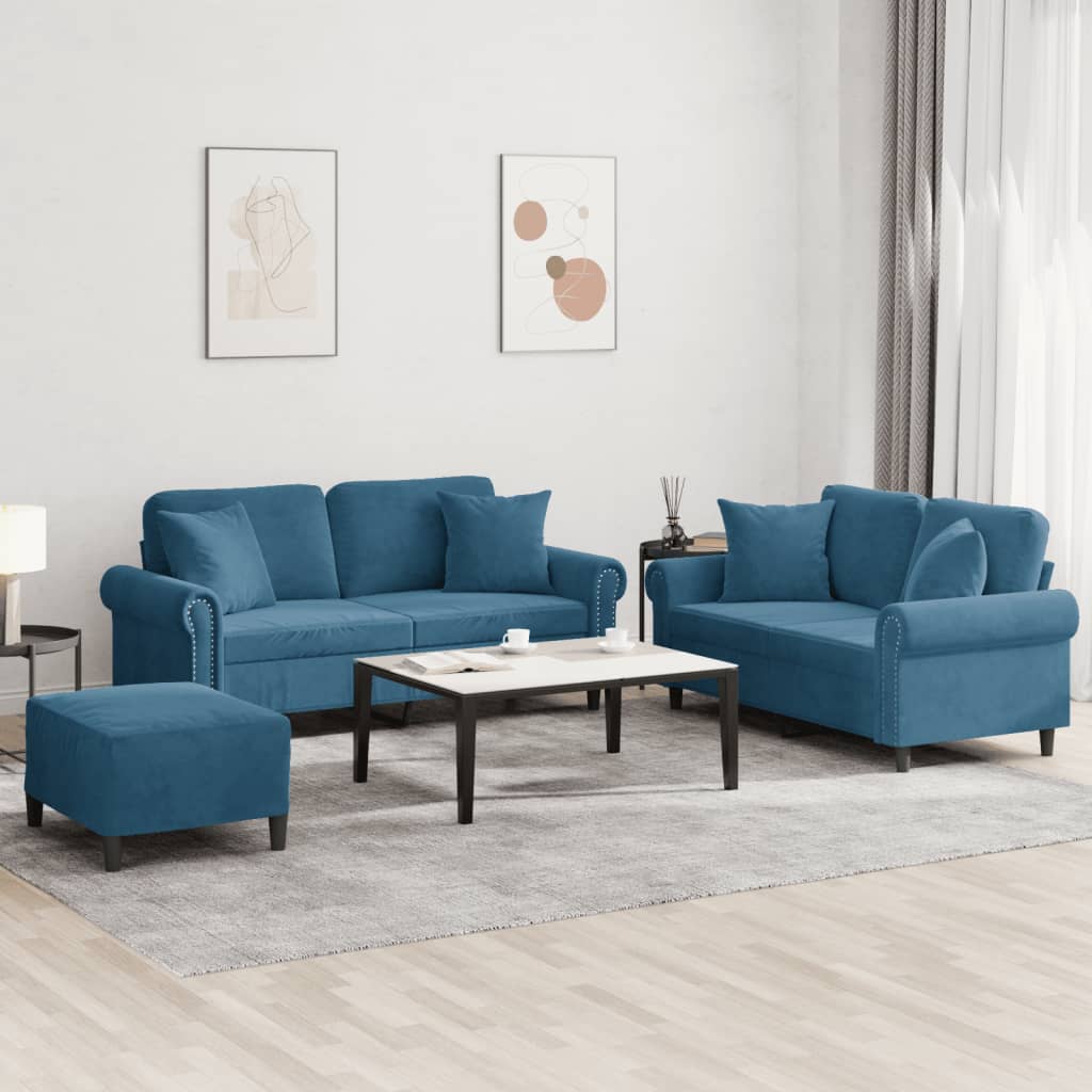 sofasæt 3 dele med puder velour blå