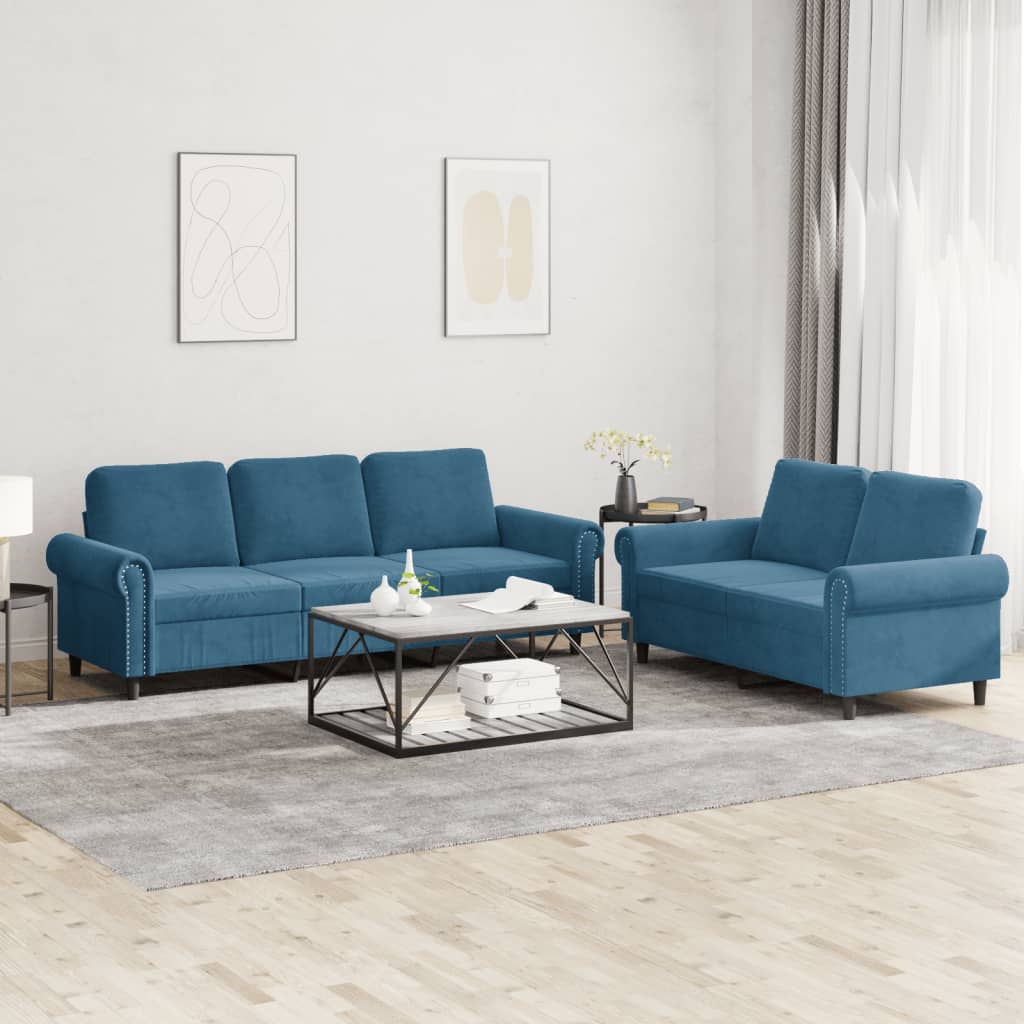 sofasæt 2 dele med hynder velour blå