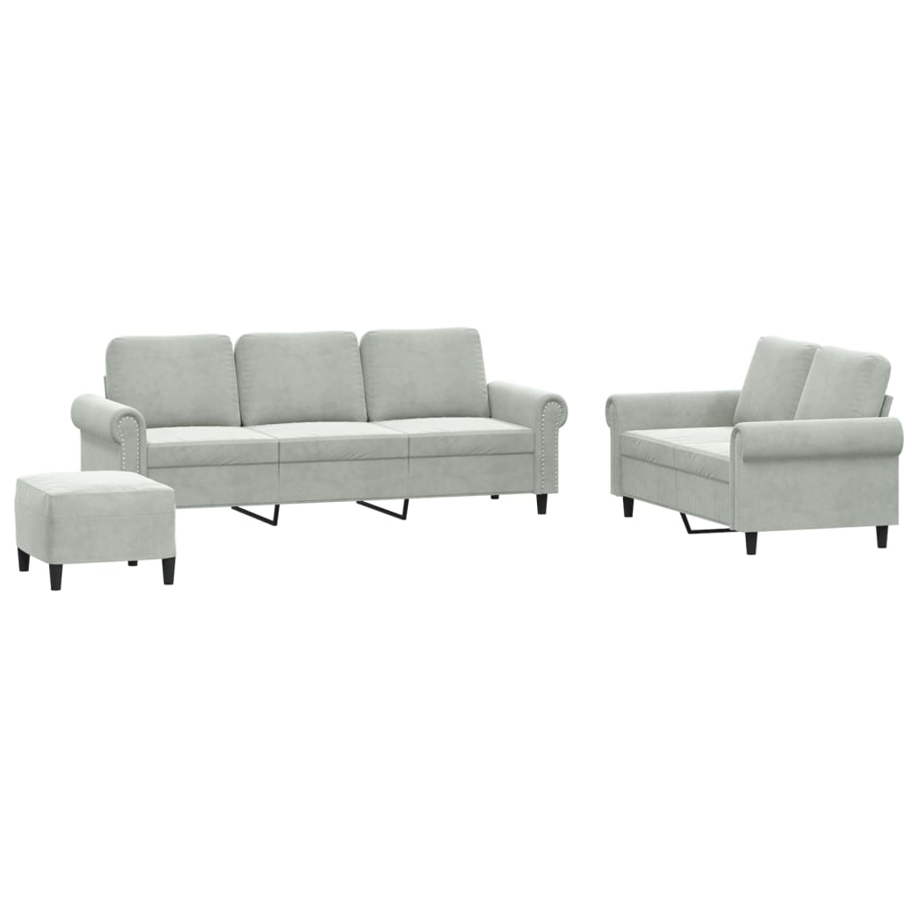 sofasæt 3 dele med hynder velour lysegrå