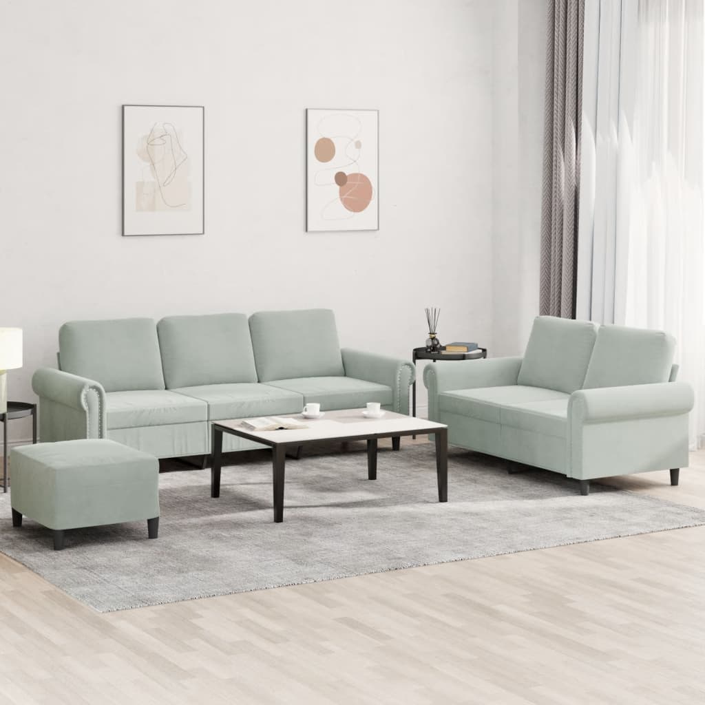 sofasæt 3 dele med hynder velour lysegrå