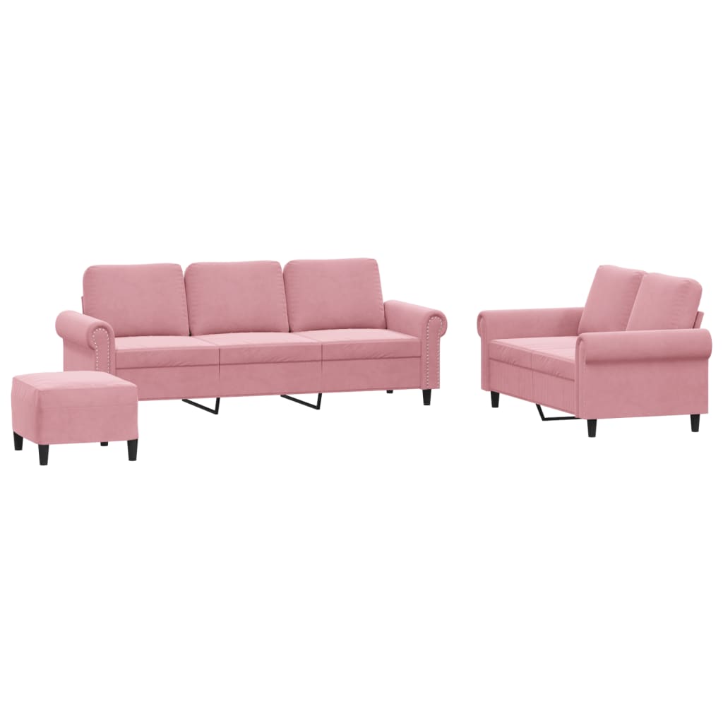 sofasæt 3 dele med hynder velour lyserød