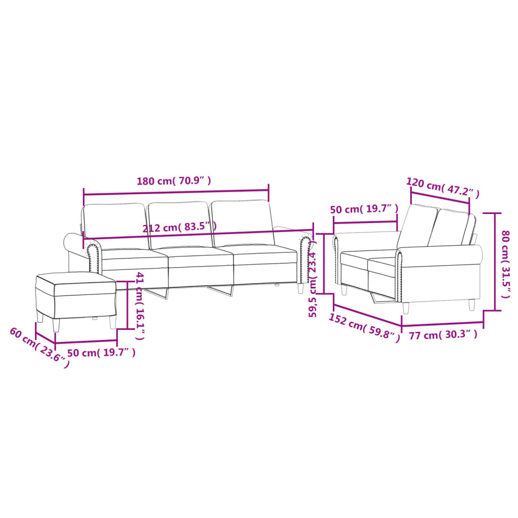 sofasæt 3 dele med hynder velour lyserød