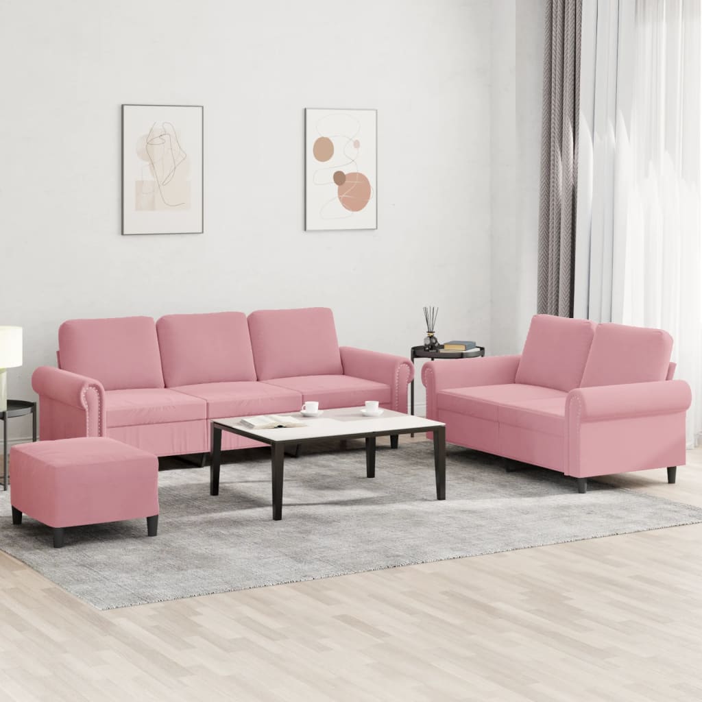 sofasæt 3 dele med hynder velour lyserød