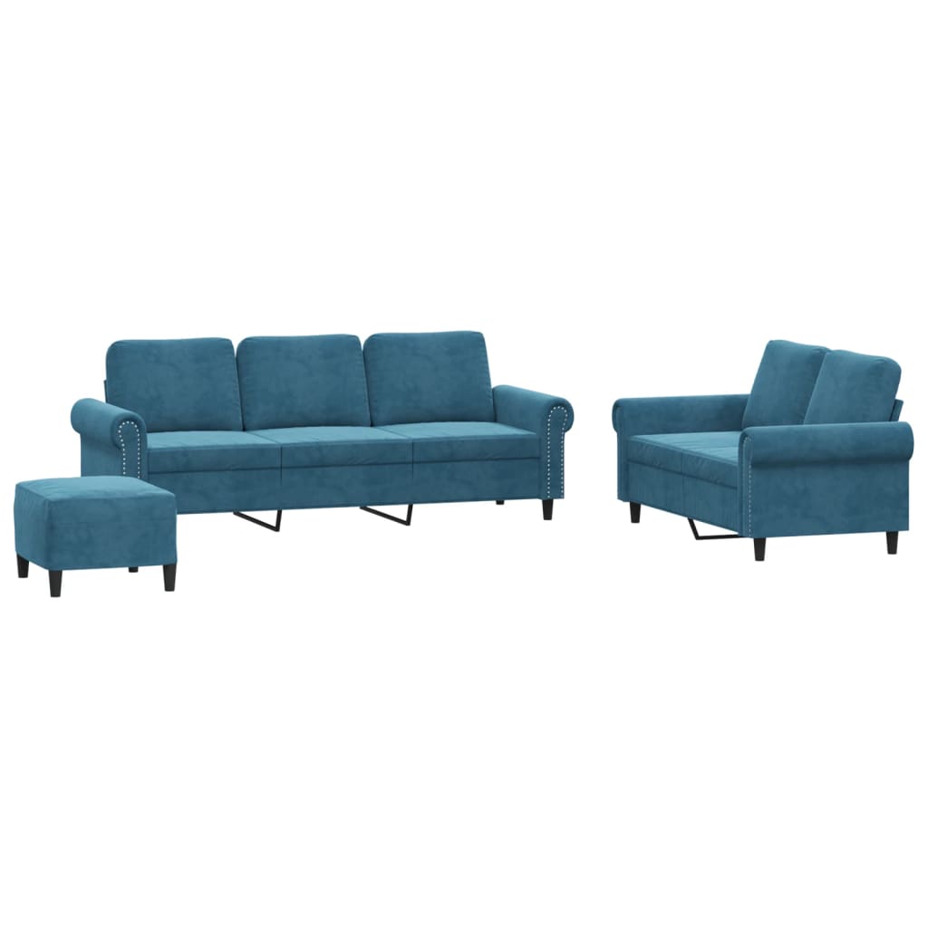 sofasæt 3 dele med hynder velour blå