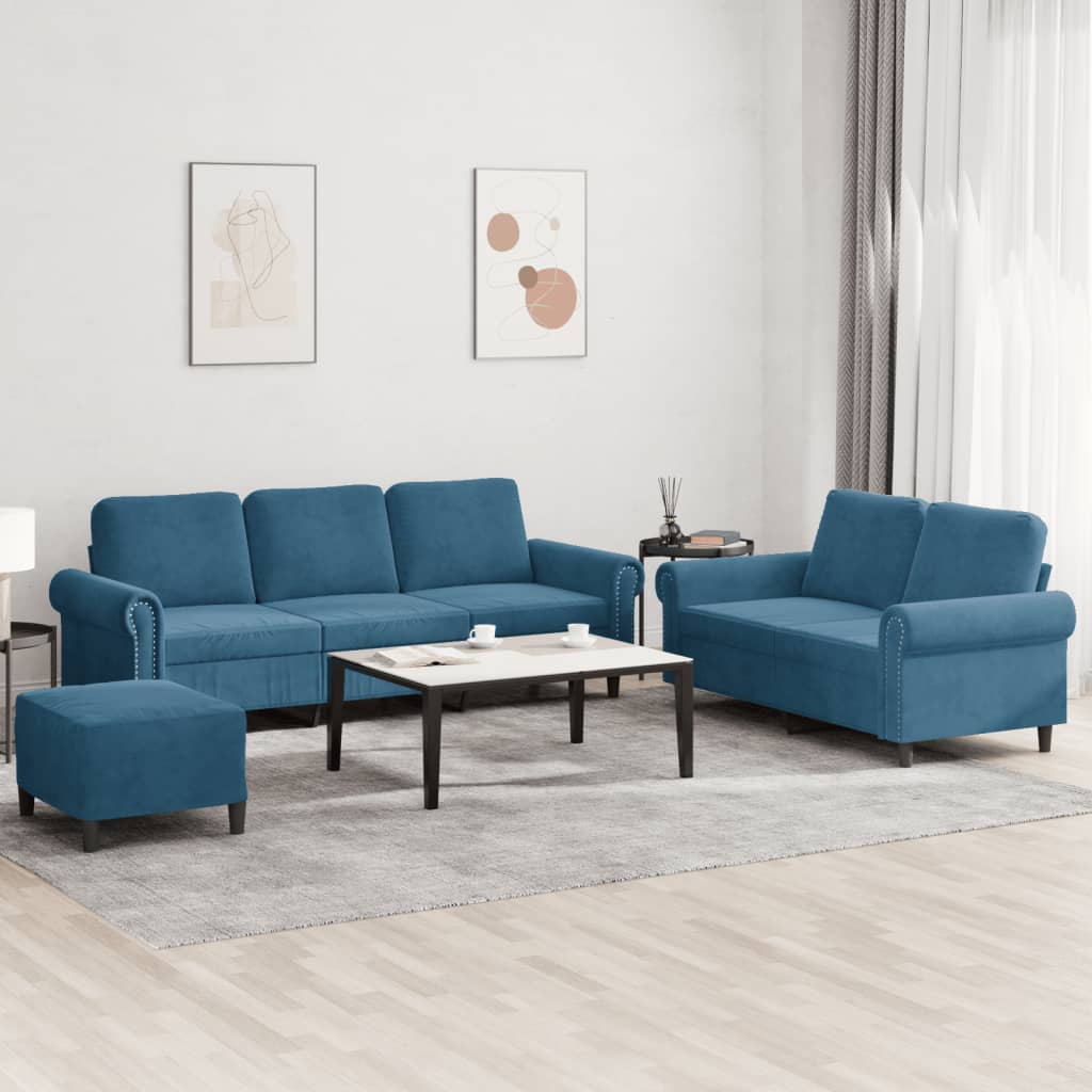sofasæt 3 dele med hynder velour blå