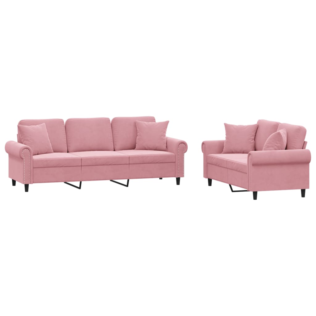 sofasæt 2 dele med puder velour lyserød