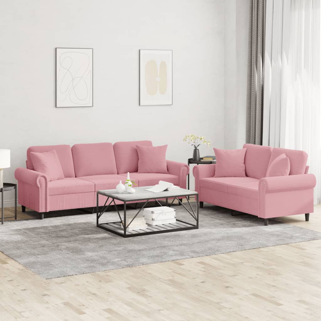 sofasæt 2 dele med puder velour lyserød