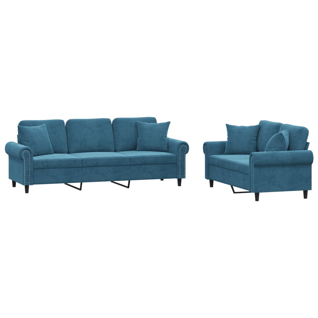 sofasæt 2 dele med puder velour blå