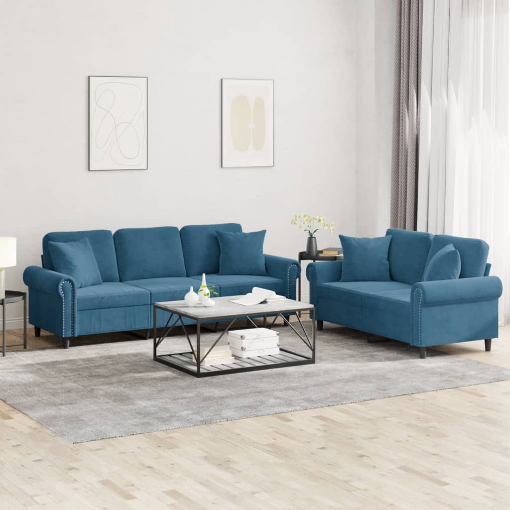 sofasæt 2 dele med puder velour blå
